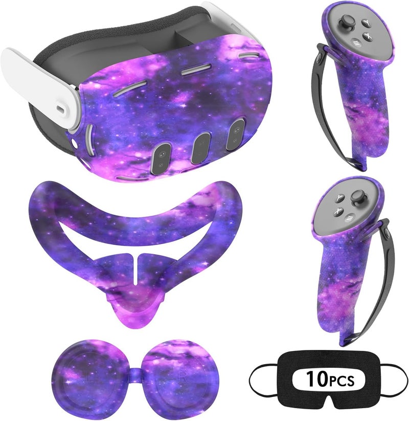 Relohas Deluxe 5 in 1 Silicone Accessories for Meta Quest 3, VR Protective Case Set, Controller Grip Cover, VR Shell Cover, Face Cover, Gifts for Christmas & Halloween (Galaxy Purple) - Image 1